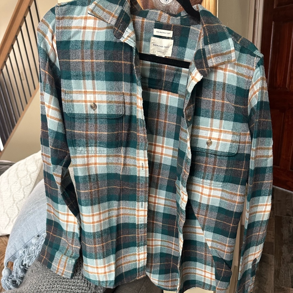 American Eagle Outfitters Teal and Orange Flannel
